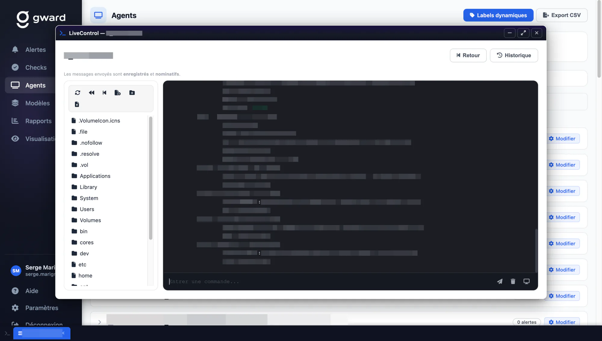 Session LiveControl Gward : terminal distant et explorateur de fichiers ouverts sur un agent depuis la plateforme